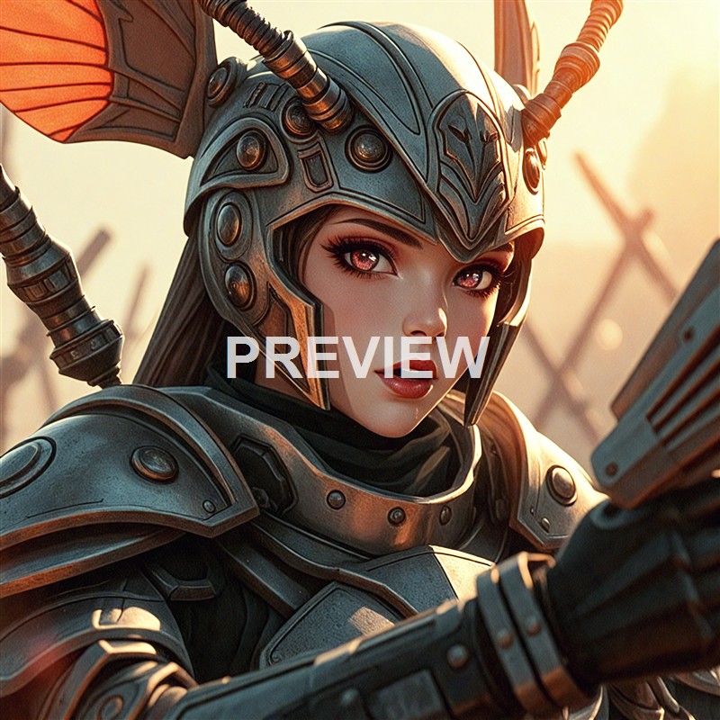 A woman dressed in futuristic, heavily armored armor with a helmet featuring antenna-like protrusions, looking intently at the camera with a sunset or sunrise background.